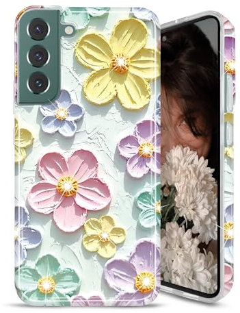JIAXIUFEN Schutzhülle für Samsung Galaxy S22, Glitzer, Retro-Ölgemälde, Blumendesign, schlank, stoßfest, TPU, weich, Mintfarben