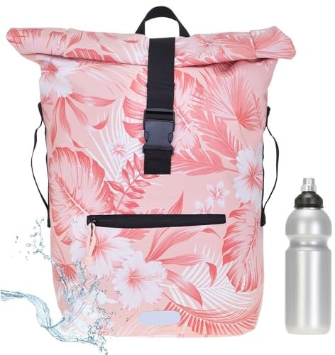 Rucksack Herren Plane Time Bag Kurierrucksack Roll-Top Fahrradrucksack Sport Fitness Damen 23 Liter A4 12821 + Flasche (12818 Coral Flower (3))