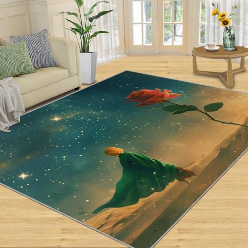 YXQAIED Wüsten-Sternenhimmel-Teppich für Kinderzimmer, 90 x 120 cm, Küchenteppich, kleiner Prinz und Blumenteppiche für Schlafzimmer, rote Rose, für Wohnzimmer, Heimdekoration, waschbarer Teppich