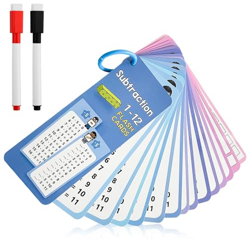 Lernkarten Mathematik für Subtraktion Mathematische Flash-Karten 1-1 Lernkarten mit 2 löschbaren Markern und Ringen 1-12 Subtraktion Abwischen Mathe Karten Tragbar für Zuhause und Klassenzimmer