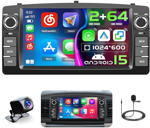 Hikity 2G+64G Android 15 Autoradio 7 pour Toyota Corolla CarPlay | Wireless CarPlay. Android Auto. GPS. WiFi. FM/RDS. Caméra de Recul + MIC