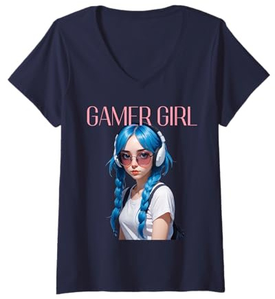 Donna Gamer Girl Cute Kawaii Gaming Video Gioco Donne Ragazze Bambini Maglietta con Collo a V