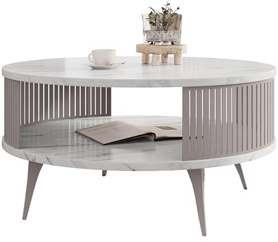 Mirjan24 Couchtisch Rajkon, runde Form (Bianco Marmor/Cashmere) | Moderner Wohnzimmertisch mit praktischer Ablage, stabilem Stahlgestell und pflegeleichter Oberfläche
