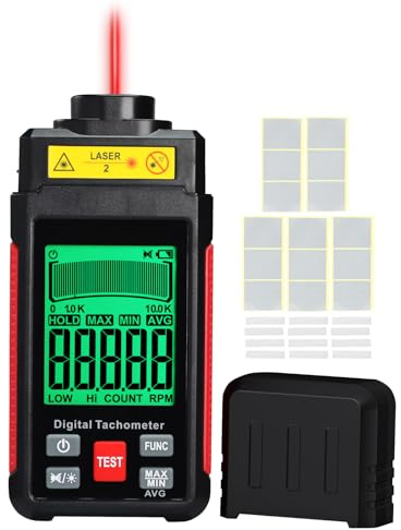 Laser-Tachometer Berührungsloses RPM-Messgerät 10-99999 U/min, Hohe Genauigkeit mit Reflexionsband, LCD-Hintergrundbeleuchtung & Max/Min/Durchschnitt, Datenhaltefunktion, Rotationssensor für Heimgebra