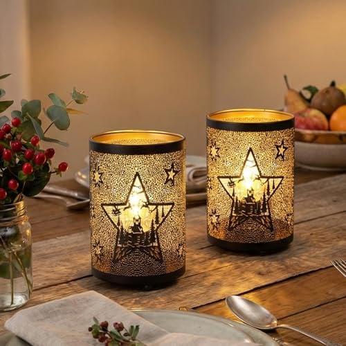 TRIROCKS LED Deko Licht 2er Set, batteriebetriebene Metall Dekolampe mit Timer, 16 cm Höhe,warmweißes Stimmungslicht mit Lichtmuster für Wohnzimmer Schlafzimmer Sideboard Fensterbank