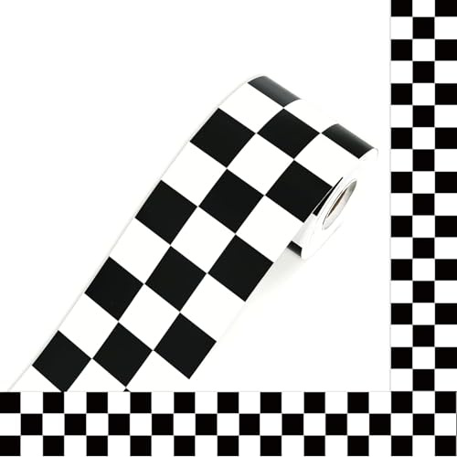 Alrens Adhesive Black and White Wallpaper Checker Grid Decals Checkered Wallpapers Waterproof Sticker Borders for Kitchen Blackboard Bulletin Board Border Home Bathroom Wall Sticky Wallpaper