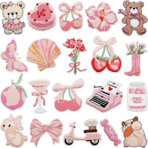 Vesavifaka Pink Coquette Flicken zum Aufbügeln Aufnäher, 20 Stück Süße Girly Aesthetic Stickerei Patches zum Aufbügeln Für Jacken Jeans Rucksack Hüte, DIY Kleidung Deko Für Mädchen, Style A
