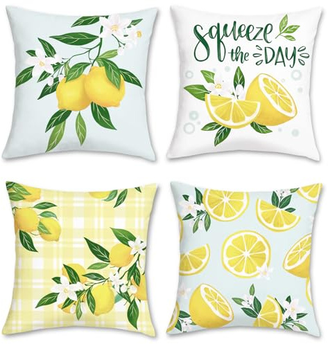 Bonhause 4er Set Kissenbezüge Zitrone Obst 40 x 40 cm Doppelseitig Samt Soft Dekorative Kissenhülle Zierkissenbezüge für Sofa Schlafzimmer Wohnzimmer Auto Zuhause Dekoration