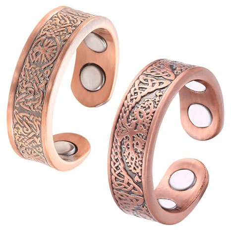 AOUZOVLI 2 Stück Kupferringe Schmuck, Ring Damen, mit Einem Lebensbaum-Muster Graviert, Größenverstellbar, Schlichter Retro-Stil