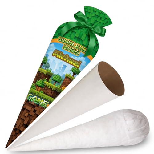 Schultüte Gamer Grün mit Namen für Jungen Personalisierte Tüte 70 cm Zuckertüte aus Stoff mit runde Papprohling und Füllung aus Silikonkügelchen große Tüte als Kissen