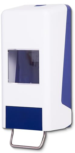 Blanc HYGIENIC Spender für Softflaschen – Wandspender für Hautschutz, Grobreiniger und Hautpflege, Softflaschenspender für 1 und 2 Liter Flaschen, Dosiermenge einstellbar, Weiß und Blau