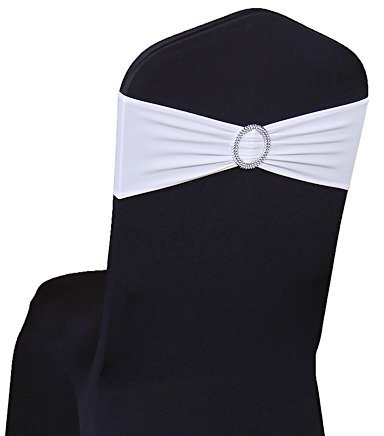 Lycra-Stuhlschärpen aus Stretch-Elastik mit Schnalle und Schleife, Polyester und Spandex, weiß, 50PC
