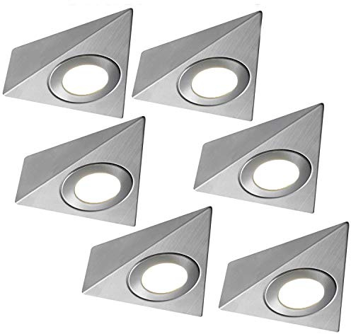 Loops 6 Pack | Bright 2.6W LED Under Cabinet Pyramid Spot Lights & Driver Kit | Stainless Steel & Warm White | Kitchen Worktop Countertop Cupboard Unit Down Light | Modern Triangle Lighting Fitting