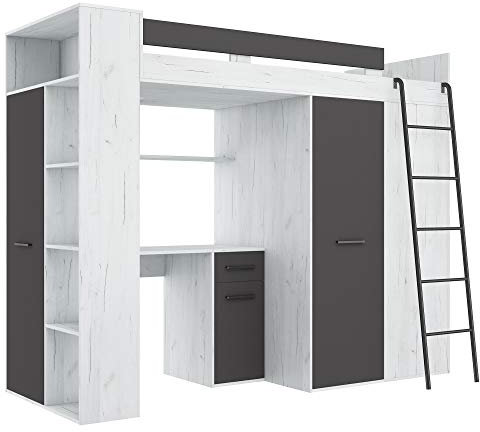 BIM Furniture, VERANA P - Letto a castello, letto a soppalco, 190x90 cm, con scale, armadio, mensola, scrivania, per bambini, lato destro (bianco/grafite)