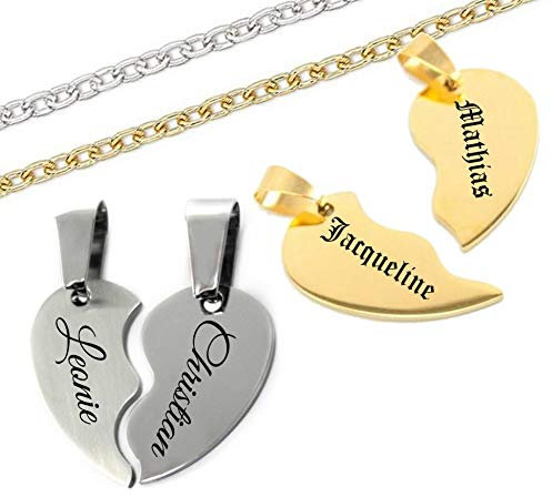 aplusashop ID Partner Anhänger geteiltes Herz + Ketten + Gravur nach Wunsch Gold oder Silber Zwei Herzteile (Silber, Mit Gravur)