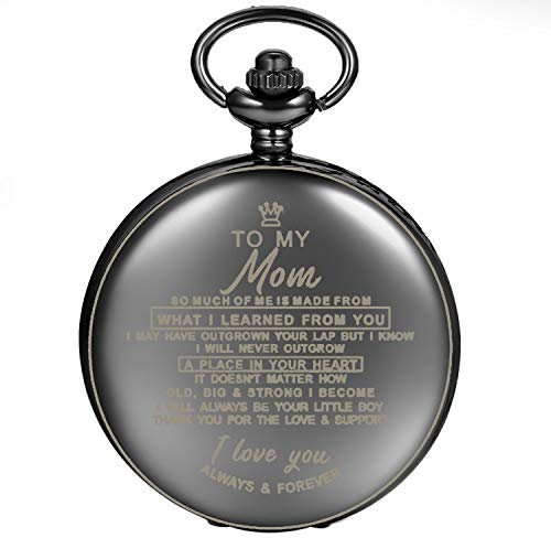 JewelryWe Taschenuhr Damen mit Gravur Mutter to My Mom, Glatt Quarz Analog Uhr mit Kette Halskette für Frauen Schwarz