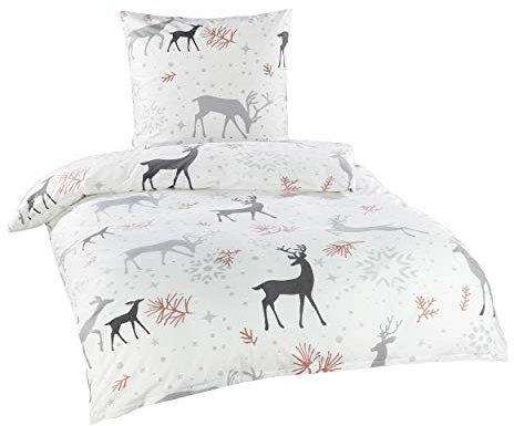 BaSaTex Warme Winter Bettwäsche 2tlg 155x220 + 80x80 cm Microfaser Flausch Fleece, Thermofleece Rentier Weiss Grau