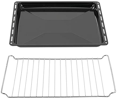 ICQN 445 x 375 x 25mm Gitter Backblech Set, Passend für Whirlpool, Ignis, Bauknecht, Indesit, Algor, Neckermann, Emailliert Fettpfanne und Verchromt Backofenrost, Grillrost 44,5x34 cm