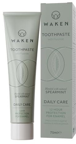 Waken, Spearmint Fluoride Toothpaste, Helps Protect Against Cavities and Reduce Plaque, No Artificial Colours, Thoughtful Packaging, Recycled Aluminium Tube, Vegan Toothpaste, 75ml