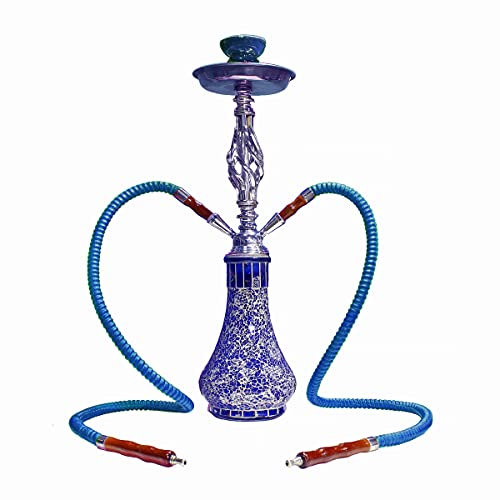 MADGROW. Cachimba MURANO. Azul. Shisha en cristal partido, cuerpo de metal y dos mangueras, 45 cm. Súper Pack con 5 Boquillas XXL + Pinzas/agujereador + sartén + cepillo.