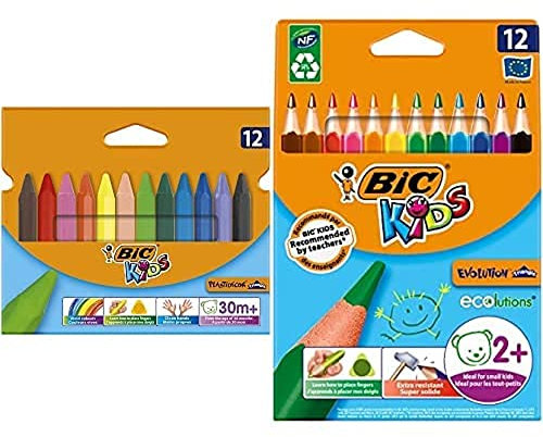 BIC Kids Dreikant-Wachsmalkreide PLASTIDECOR Triangle mit Buntstifte ECOlutions Evolution, Ergonomische Dreikant-Malstifte zum Malen in 12 Farben