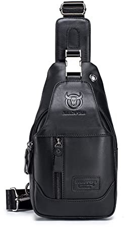 LOONGYOON Herrenbrusttasche aus Leder Umhängetasche mit Kopfhöreröffnung Studie über Sportreisen Multifunktionale Quadratische Vertikale Kleine Hängende Tasche Rucksack