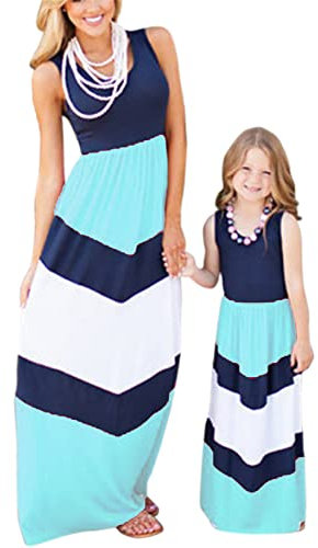 Yming Mutter und Tochter Lässiges Maxikleid Gestreiftes Sommerkleid Ärmellose Strandkleider Blau XL