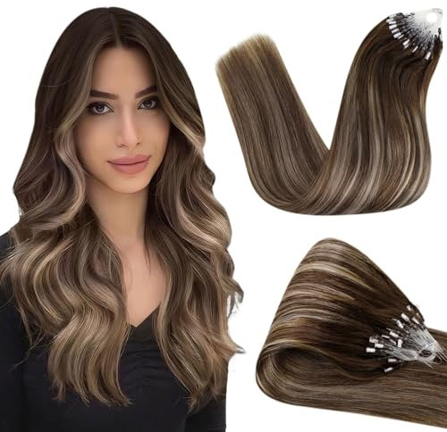 Hetto Microring Extensions Echthaar 55 cm Ombre Extensions Echthaar Microring Balayage Dunkel Braun to Dunkel Blond Invisible Micro Loop Remy Haarverlangerung 50 stück 50g #4/18/4