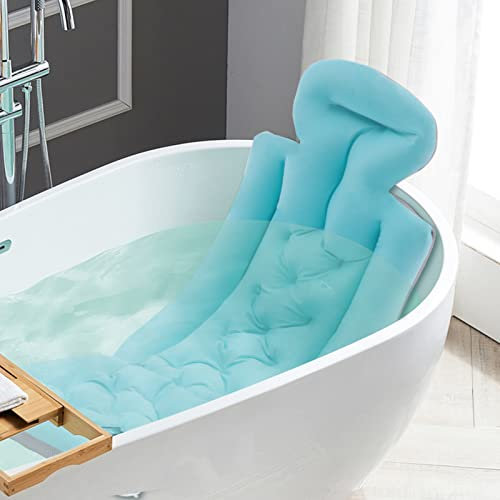 Ganzkörper Badewannenkissen mit Saugnäpfe 113x40cm rutschfeste Badewannenmatte mit Kissen Matratze weich Badewanne Nackenkissen Badewanneneinlage für Rücken, Nacken und Kopf (Blau)