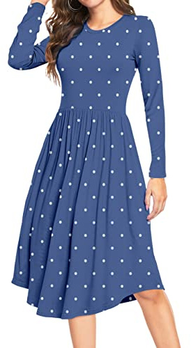 YUNDAI Women Summer Midi Dress Long Sleeve Ladies Dress Crew Neck Floral Plain Beach Party Dresses with Pocket