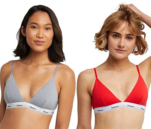 Hanes Women's Originals Triangle Bralette Pack, Breathable Stretch Cotton Bras, 2-Pack, Opaque, Shelton Red/Concrete Heather, L (Pack of 2)