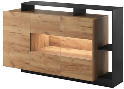 Vente-unique-Sideboard mit 3 Türen & 3 Ablagen + LEDs - Anthrazit & Naturfarben - IDESIA