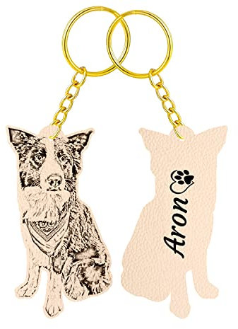 Nitek Porte-clés chien personnalisé en cuir véritable avec photo chien chat bois amoureux des animaux idée cadeau pour Noël anniversaire anniversaire fabriqué en Italie, cuir, 60mm