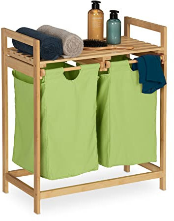 Relaxdays Scaffale Portabiancheria, Mobiletto da Bagno in bambù con 2 Sacchi Rimovibili 73 x 64 x 33 cm, Marrone Verde, Cotone