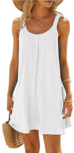 Women's Casual Summer Beach Dress Solid Color Sleeveless Backless U Neck Beachwear Bikini Cover Up (A-White, L)