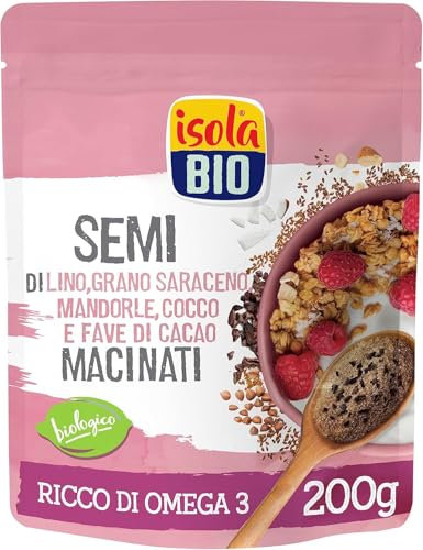 Isola bio, Semi di lino, grano saraceno, mandorle, cocco e fave di cacao macinati bio, senza glutine, senza zuccheri, 200g
