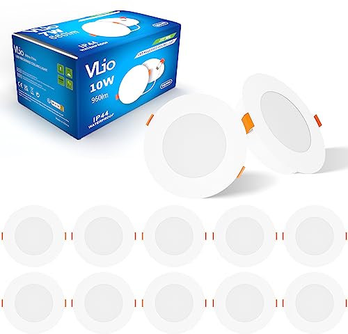 Vlio LED Einbaustrahler 230V 10W 10er Set IP44 Einbauleuchten Deckenspots Deckenstrahler 125mm Lochmaß Kaltweiß 6000K 960LM Bad Einbauspots für Badezimmer Küche Wohnzimmer
