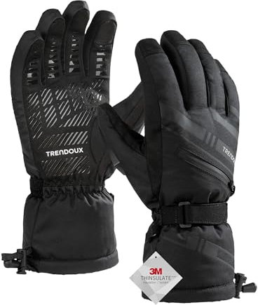 TRENDOUX Ski Gloves, Waterproof Touch screen Windproof Thermal Winter Gloves with Grip Mens Womens, Unisex Warm Gloves, 3M Thinsulate insulated Phone Glove for Running Cycling- Black S