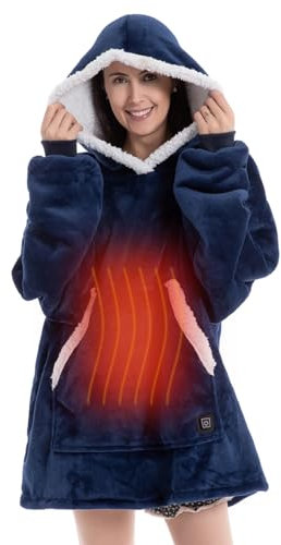 Heated Wearable Blanket USB Electric Hooded Blanket with 3 Heating Levels, Warm Cozy Flannel Oversized Hoodie with Large Pocket Winter Unisex Sweatshirt, Navy, Button Control