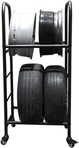 HACSYP Reifenständer, Winterreifen-Lagerregal for 4 Standardreifen, rollender Reifenwagen aus schwarzem Metall, for Werkstatt/Garage/Keller/Ausstellungshalle/Reparaturwerkstatt