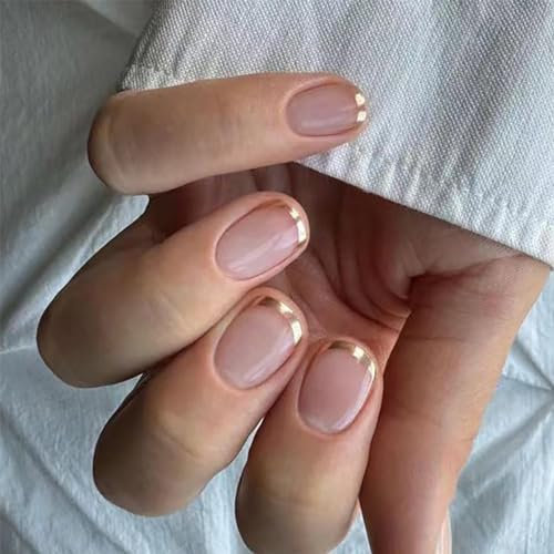24pcs Short Round False Nails French Tip Stick-on Gold Edge Press-on Removable Glue-on Full Cover Acrylic Fake Nail Set for Women Brides Nail Art Accessories