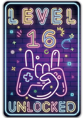 Blechschild 16.Geburtstag Junge, Level 16 UNLOCKED, 16 Jahre Geburtstag Deko, lustiges Geburtstagsschild 16, Gamer Geburtstagskarte 16, Metallschild Geschenk Gamer Geburtstagsgeschenk Zocker Zubehör