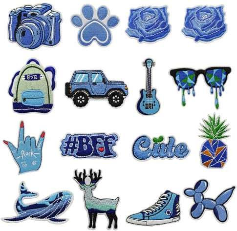 JMZLLRX 16 Stück Blu Patches zum Aufbügeln Bügelflicken Kinder, Gitarre Koffer Bügelflicken DIY Patch Sticker für Kleidung Kleid Hut Jeans