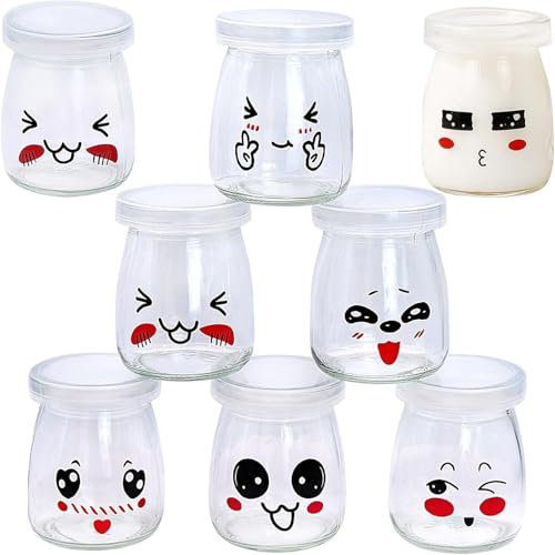 AMJKEJI 8 Pcs 100ml Yogurt Pudding Bottles Clear Glass Bottles with Lids Cute Emoticon Design Mini Milk Bottles Small Empty Glass Jars for Yogurt Pudding Jam Honey