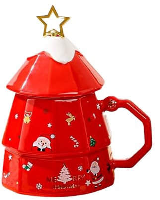 Christmas Mug with Handle,Xmas Ceramic Coffee Mug with Cup Lid & Spoon,Tea Cup,Christmas Tree Mug,Birthday Gifts,Party Decorations,Tea Mug,Novelty Ceramic Mug (Red)
