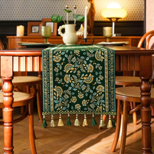 Amerikanischer rustikaler floraler grüner Jacquard-Tischläufer, 33 x 198cm | doppellagiger umkehrbarer Stoff, Vintage-Wohnkultur für Esszimmer, Küche, Café, 33 x 198cm