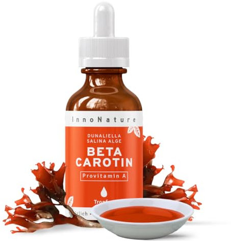 InnoNature Beta Carotin Tropfen | aus der Alge Dunaliella Salina | 30ml, Hochdosiert mit 15 mg reinem Beta Carotin, 2.120 µg RE Vitamin A pro 10 Tropfen