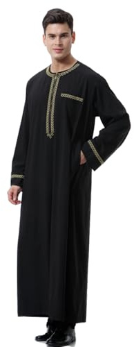 KRUIHAN Uomo Abaya Thobe Uomini Musulmani Vestiti di Preghiera Maschio Islamico Abito di Preghiera Ricamo Arabo Robe,Nero & Bianco