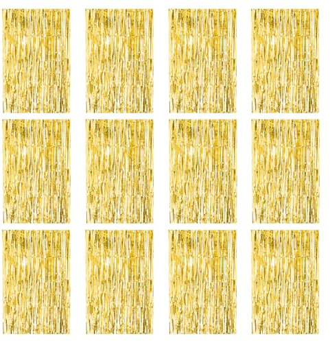 FANGCCC 12 Stück Lametta Vorhang Gold,1 x 2.5M Tinsel Curtain Folien Fransen Vorhang Schimmer,Metallische Glitzervorhang Fringe Lametta Vorhänge für Weihnachten Hochzeit Party Deko Geburtstagsdeko