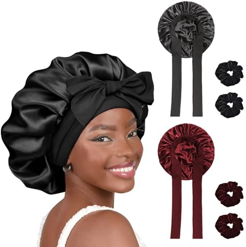 lafo 1 Stück Schlafmütze Satin Bonnet Nacht Schlaf Schlafhaube Seide mit 3 Haargummis Seidenhaube zum Schlafen Bonnet Sleep Cap für Damen und Mädchen (Schwarz + Rot)